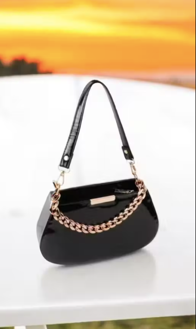 latest and trendy Sling Bag for girl & Women|Stylish Black Glossy Handbag with Gold Chain