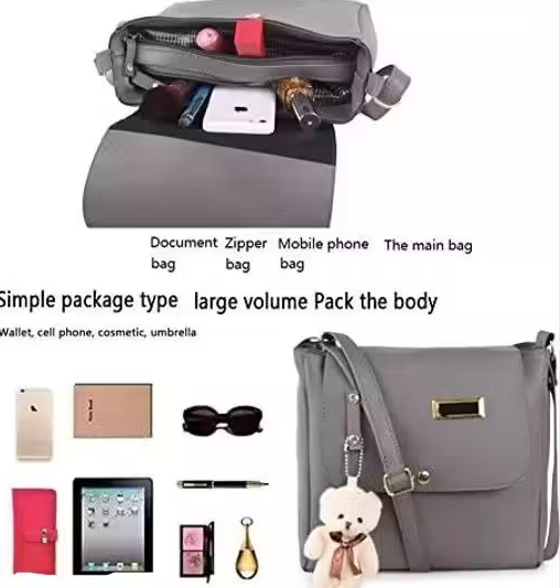 woman siling cross body bag teddy grey