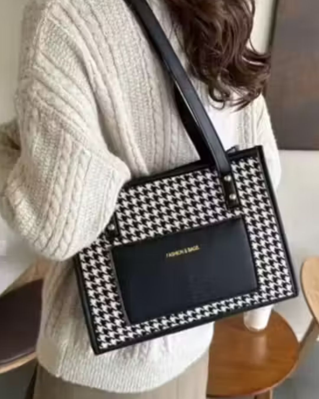 Women's Black & White Stylish PU Leather Tote Bag