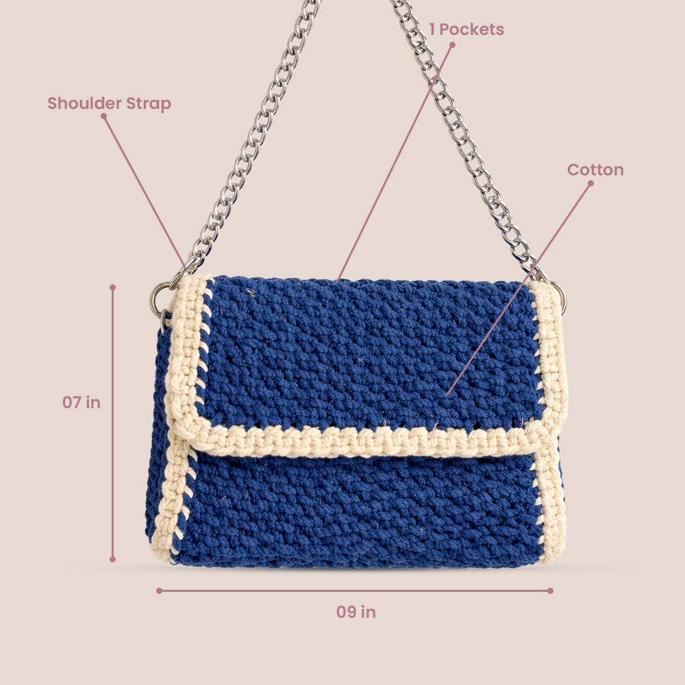 Handcrafted Blue Crochet Sling Bag (BlueLuxe)