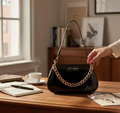 latest and trendy Sling Bag for girl & Women|Stylish Black Glossy Handbag with Gold Chain