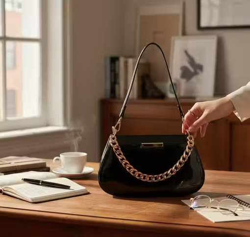 latest and trendy Sling Bag for girl & Women|Stylish Black Glossy Handbag with Gold Chain