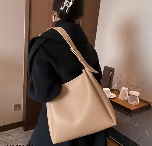 Women Tote Bag Beigh Faux Leather Handbags Casual Ladies Shoulder Bags for Shopping. With 1 Big Compartment