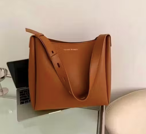 Women Tote Bag Tan Faux Leather Handbags Casual Ladies Shoulder Bags for Shopping. With 1 Big Compartment