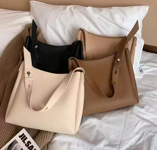 Women Tote Bag Tan Faux Leather Handbags Casual Ladies Shoulder Bags for Shopping. With 1 Big Compartment