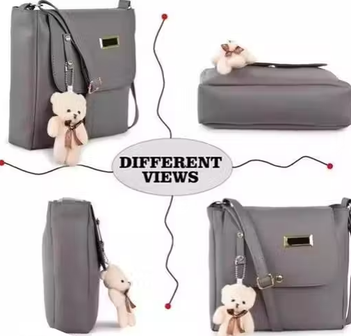 woman siling cross body bag teddy grey