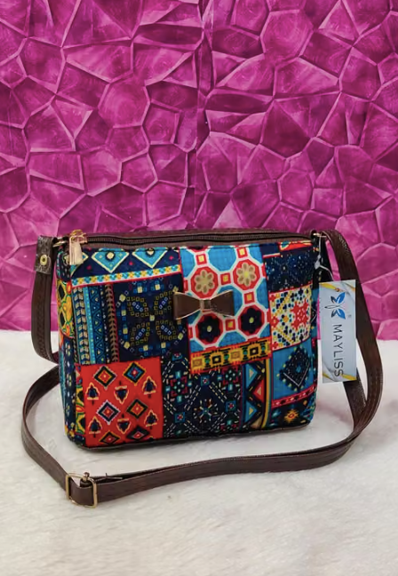 Trendy comfy women Blue PU sling bags/Small Sling bags/Cotton Fabric sling bags for women/Full handwork bag/party wear and wedding bag for women