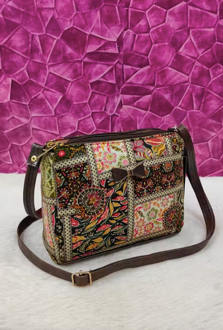 Classic women Green PU sling bags/Small Sling bags/Cotton Fabric sling bags for women/Full handwork bag/party wear and wedding bag for women