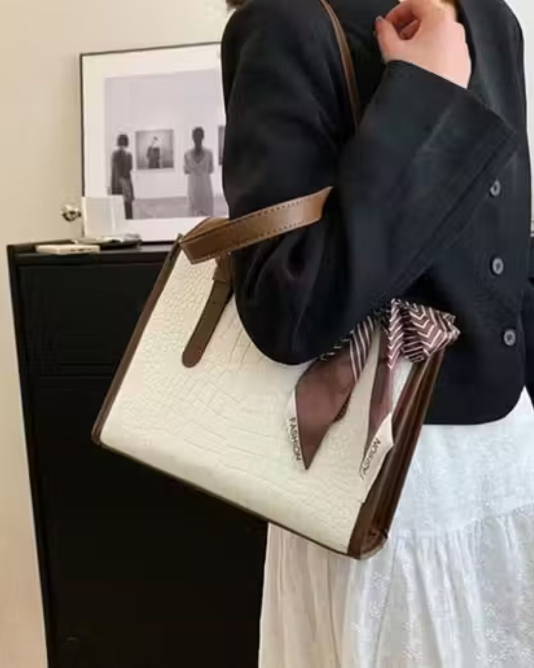 Women’s Beige & Brown Textured Tote Handbag with Bow Scarf