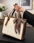 Women’s Beige & Brown Textured Tote Handbag with Bow Scarf