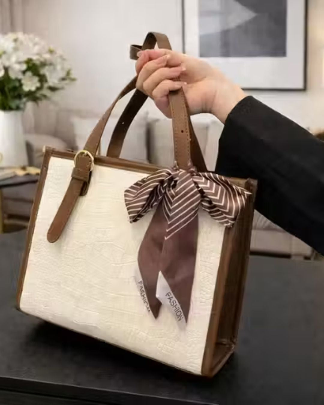 Women’s Beige & Brown Textured Tote Handbag with Bow Scarf
