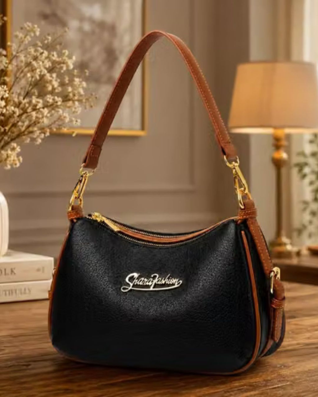 Women's Black PU Leather Shoulder Bag with Brown Handle