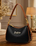 Women's Black PU Leather Shoulder Bag with Brown Handle