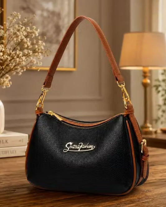 Women's Black PU Leather Shoulder Bag with Brown Handle
