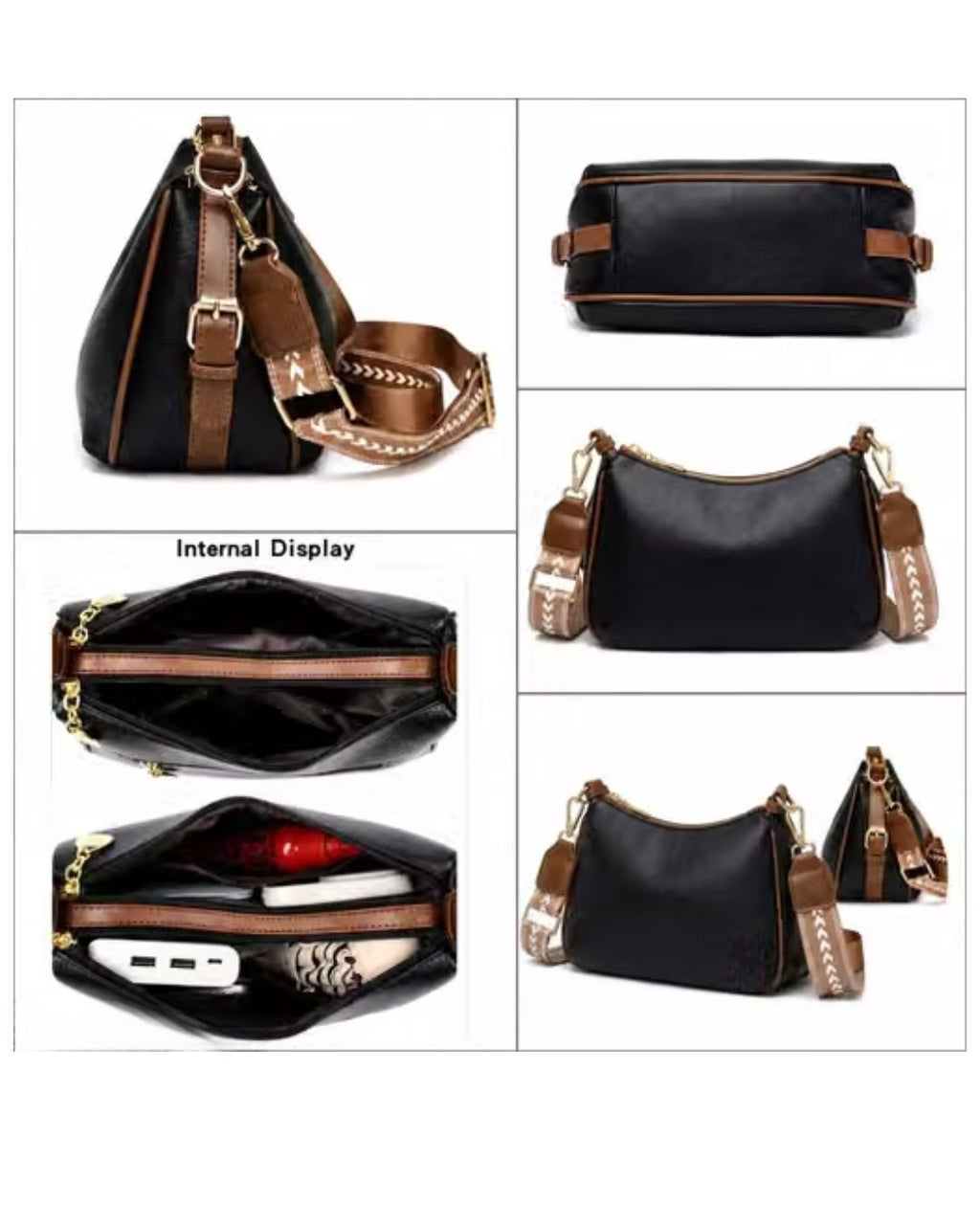 Women's Black PU Leather Shoulder Bag with Brown Handle