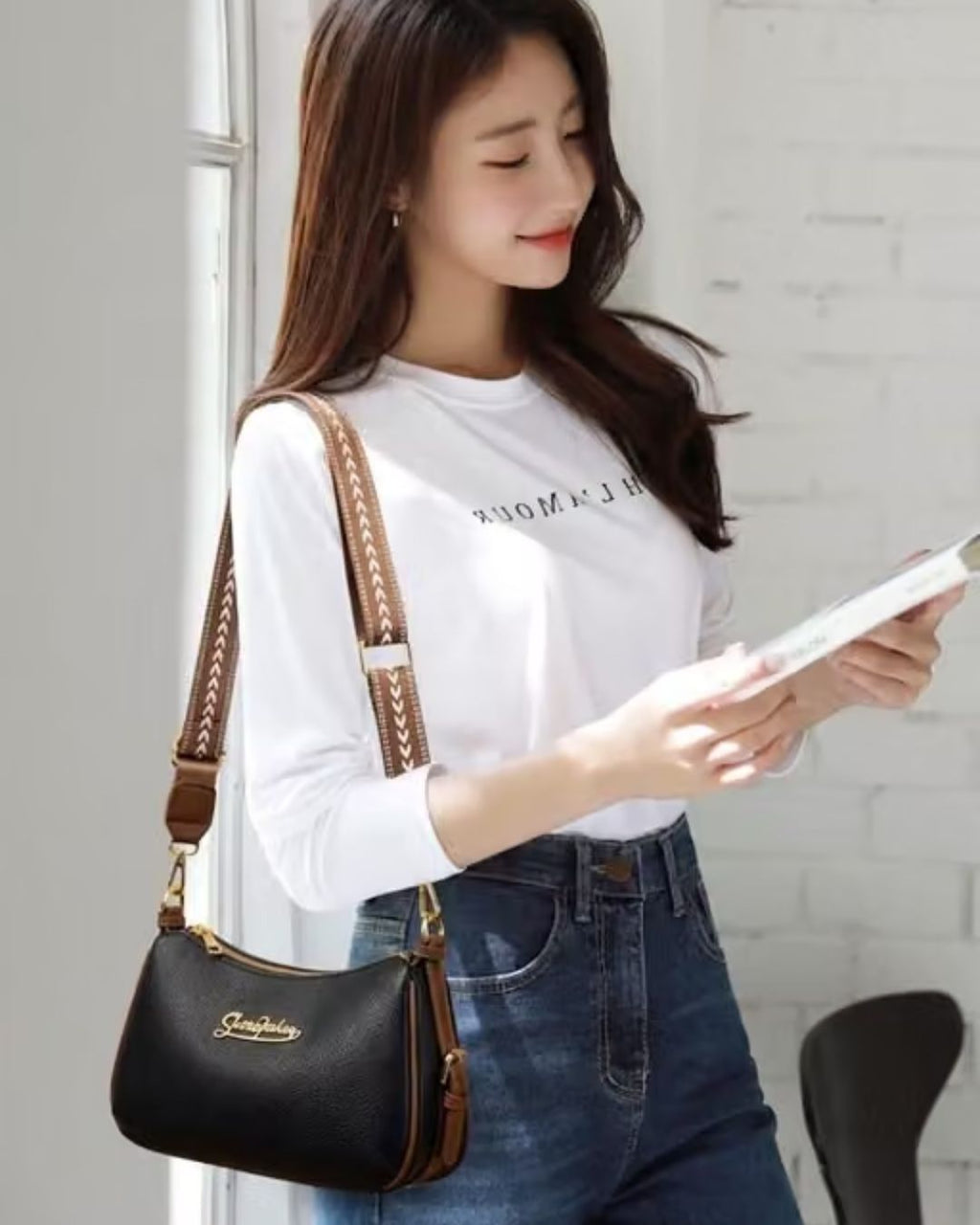 Women's Black PU Leather Shoulder Bag with Brown Handle