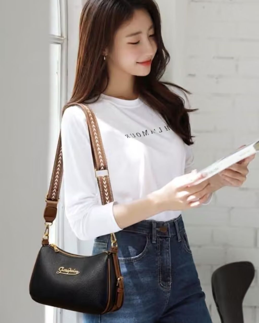 Women's Black PU Leather Shoulder Bag with Brown Handle