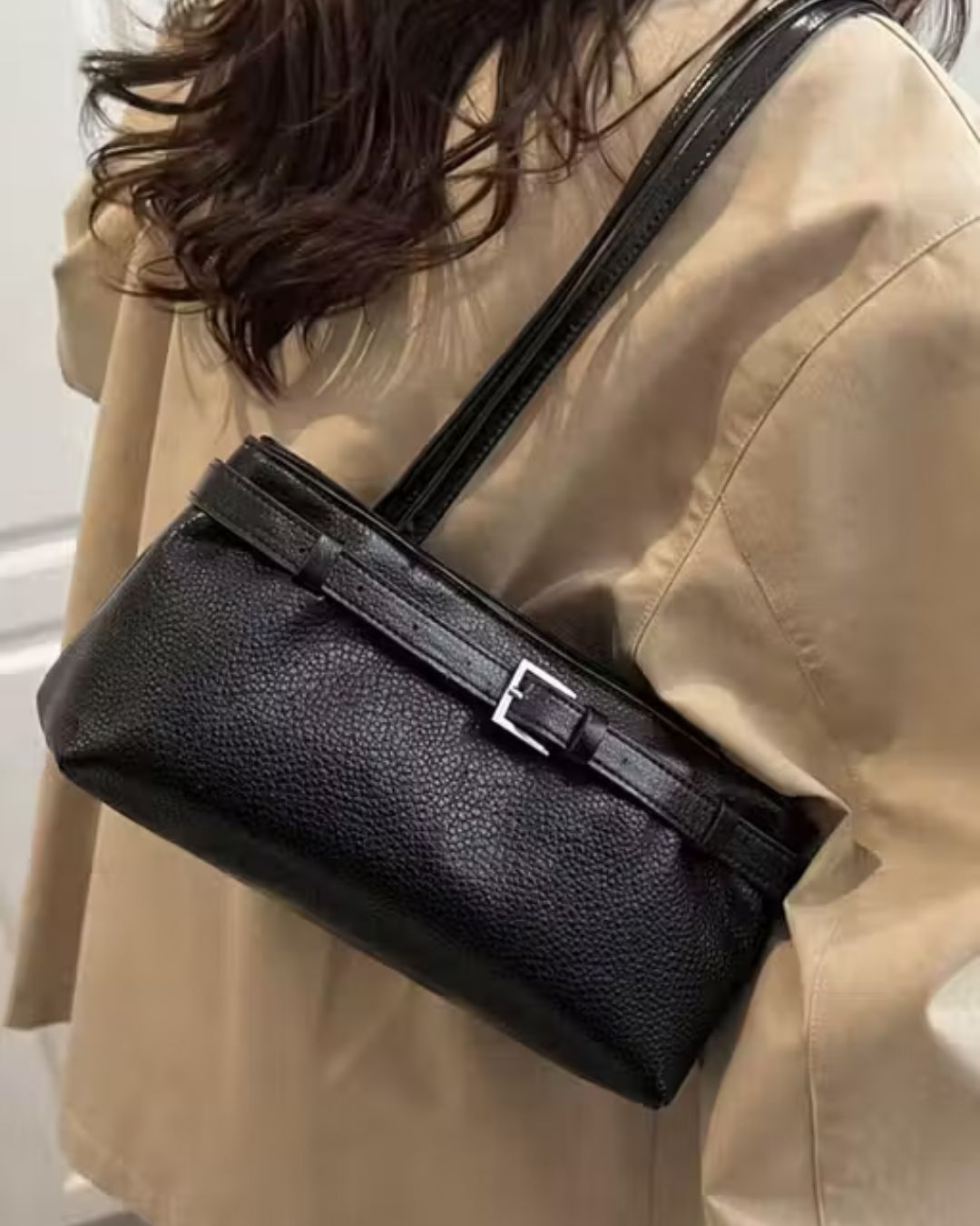 Women's Black PU Leather Baguette Shoulder Bag