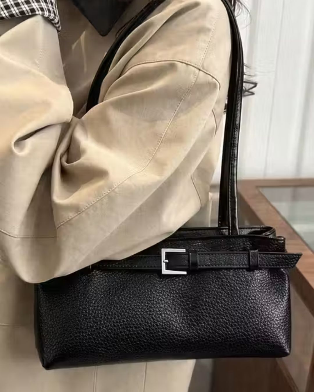Women's Black PU Leather Baguette Shoulder Bag
