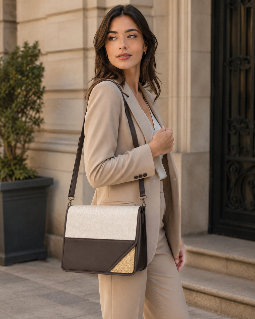 Unisex Dark Brown Laptop Bag – Bamboo Weave Design